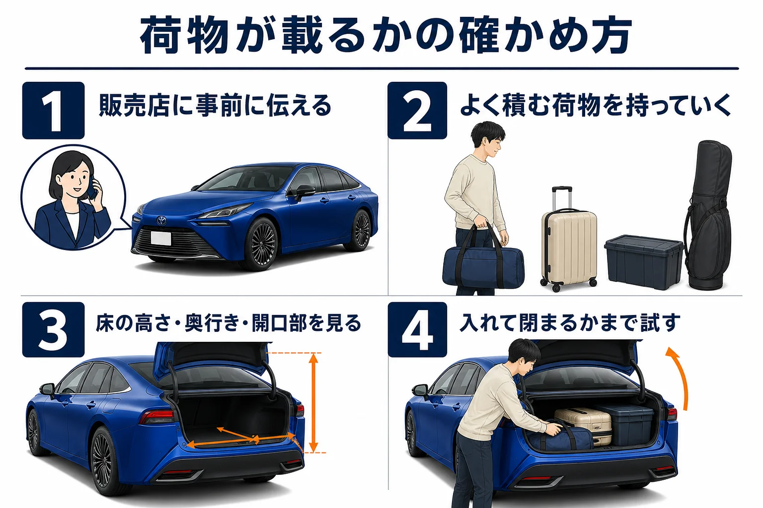 MIRAIでゴルフバッグが積めるか確かめる手順の図解