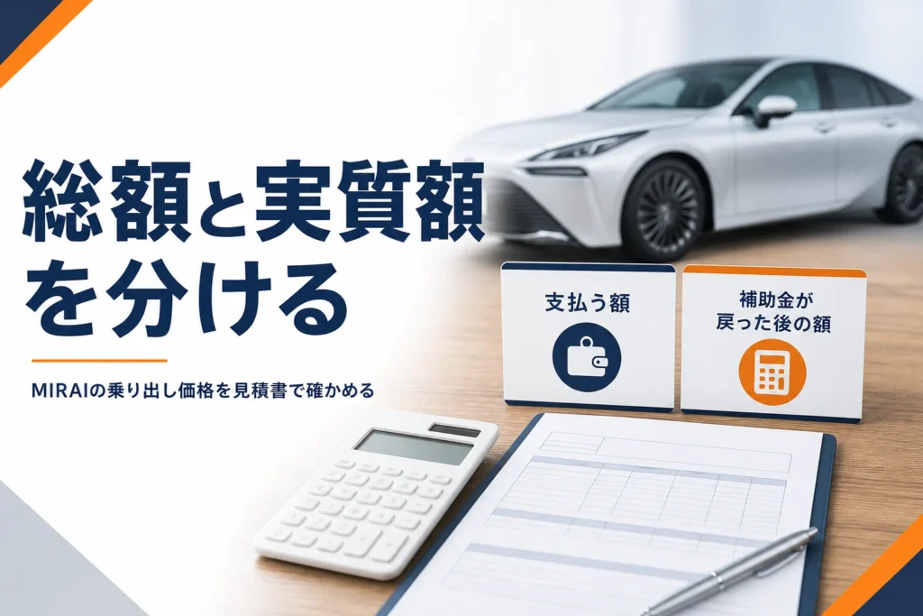 MIRAIの乗り出し価格と補助金が戻った後の実質額を示したアイキャッチ