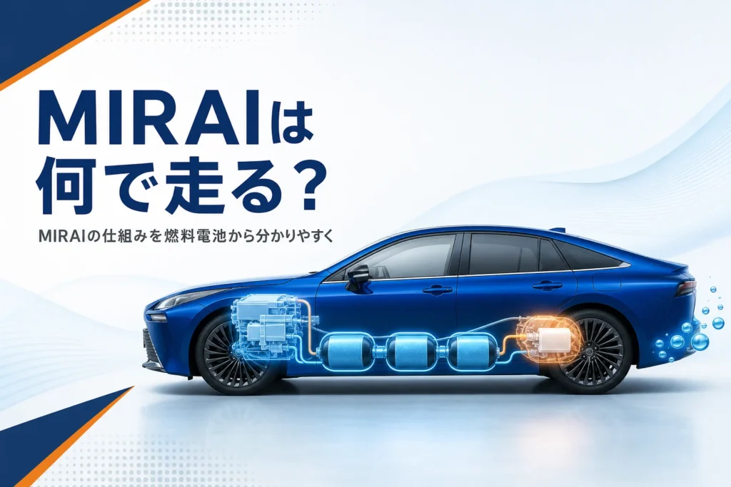 MIRAIの車体の中にある水素タンクと発電装置を透視したアイキャッチ