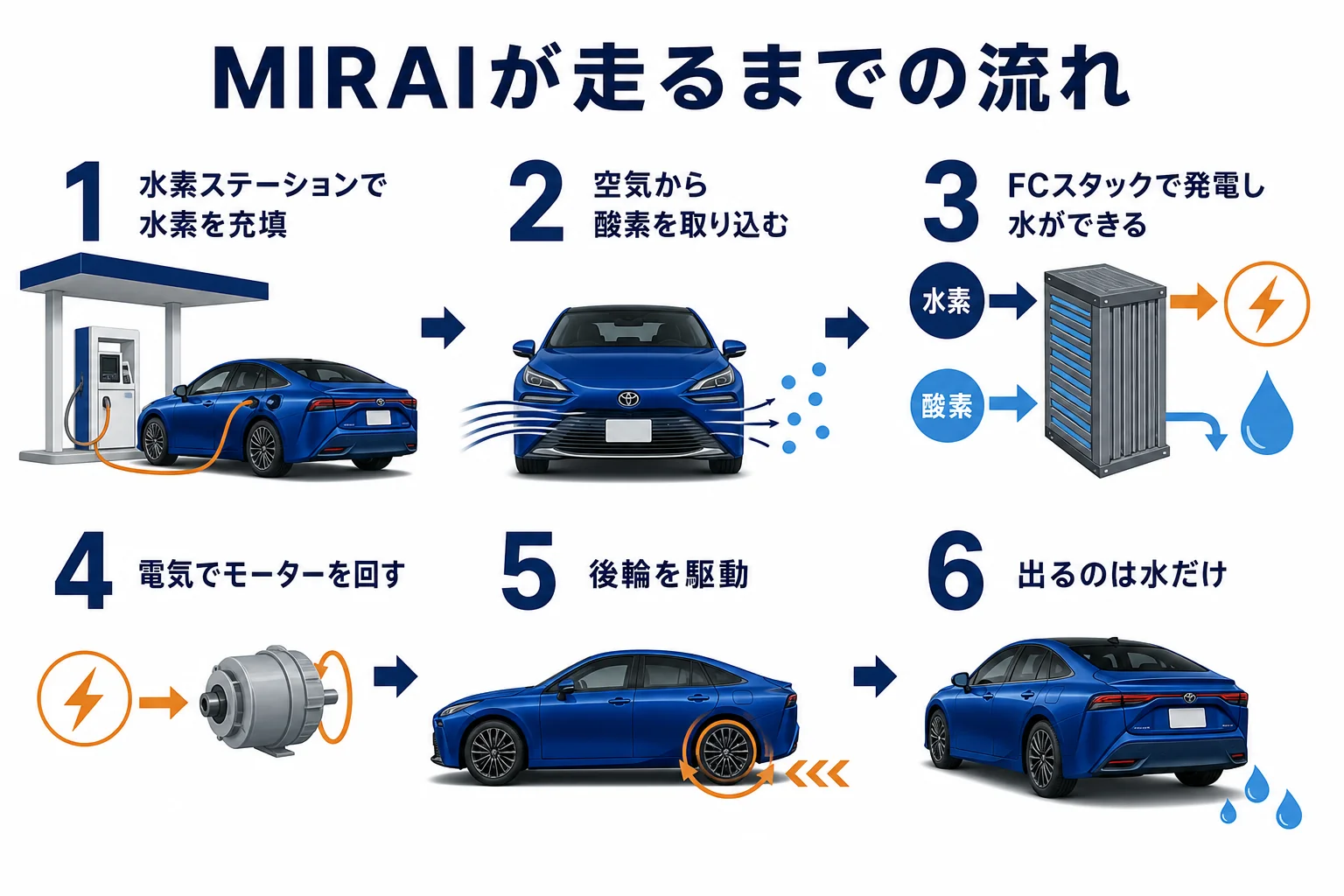 MIRAIが水素から電気を作って走る流れを示した図解