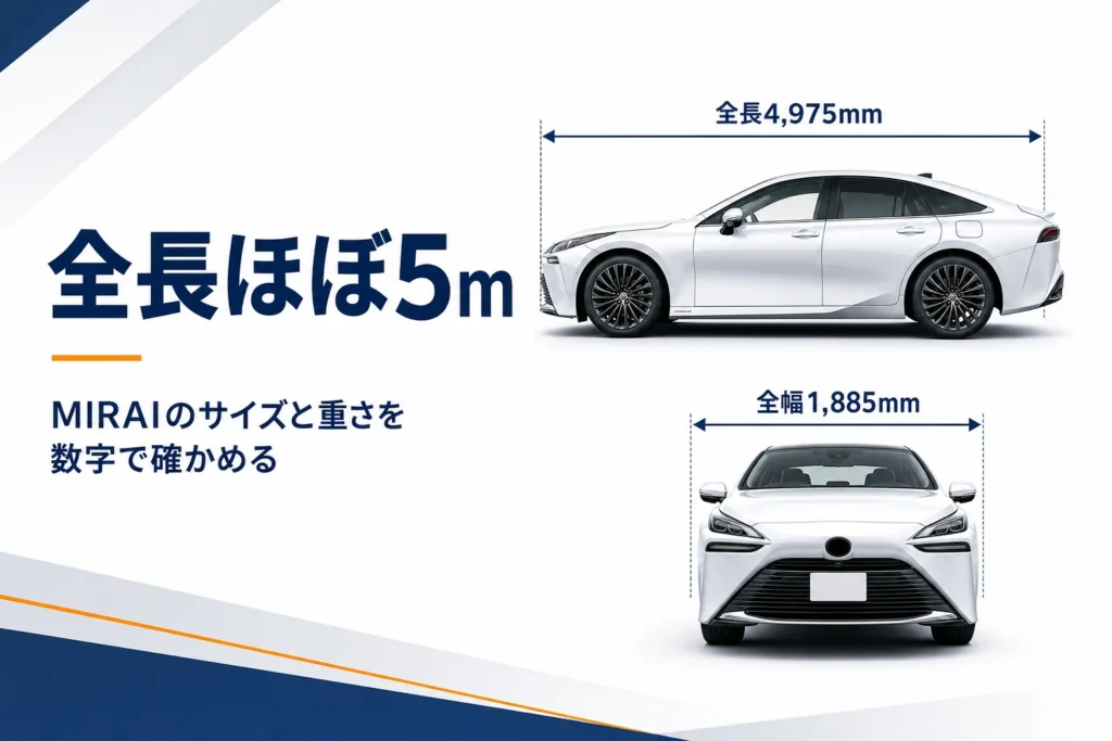 MIRAIの全長と全幅を寸法線で示したアイキャッチ