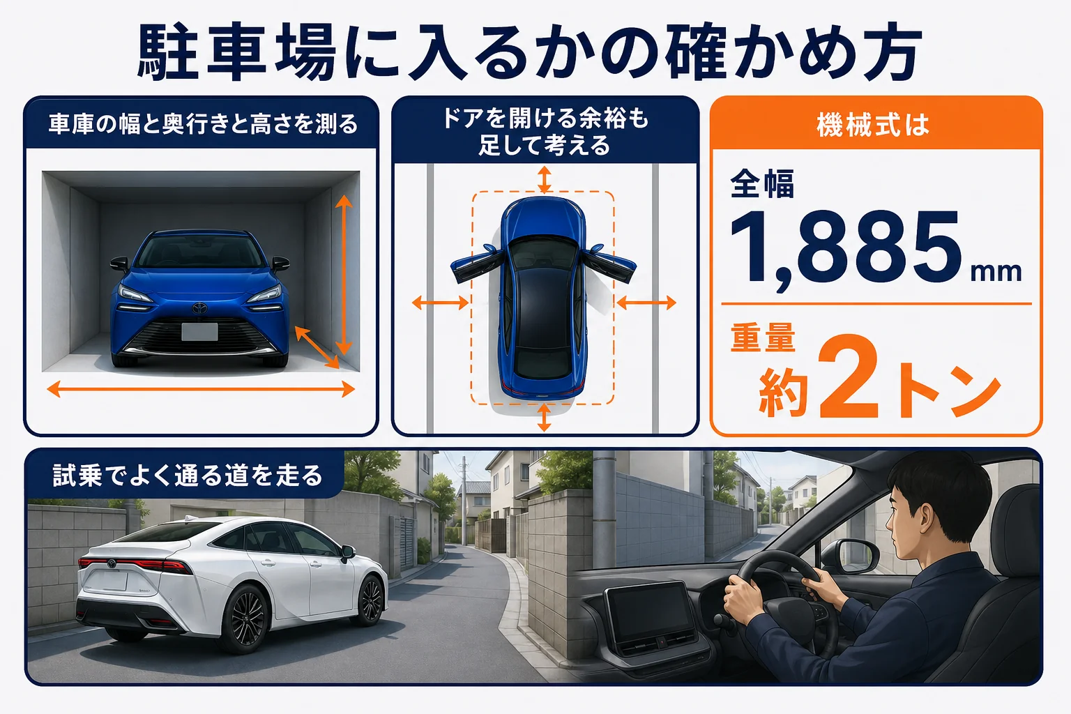MIRAIの駐車場に入るか確かめる手順の図解