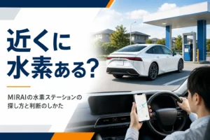 水素ステーションに向かうMIRAIとステーション探しの見出し