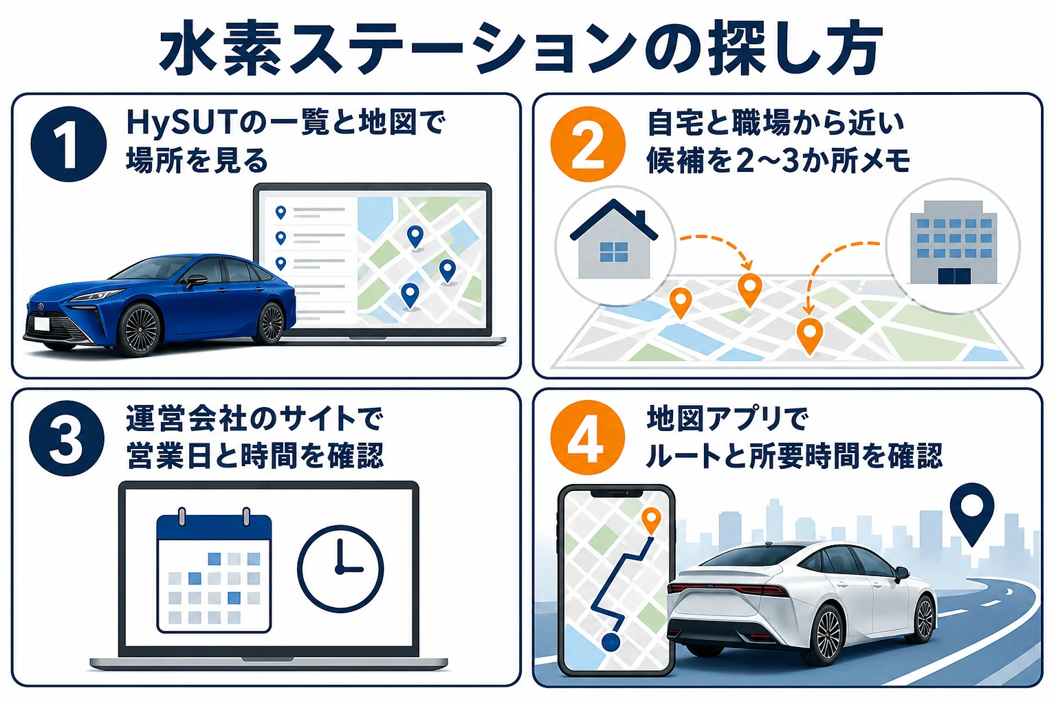 MIRAIの水素ステーションを探す手順をまとめた図解