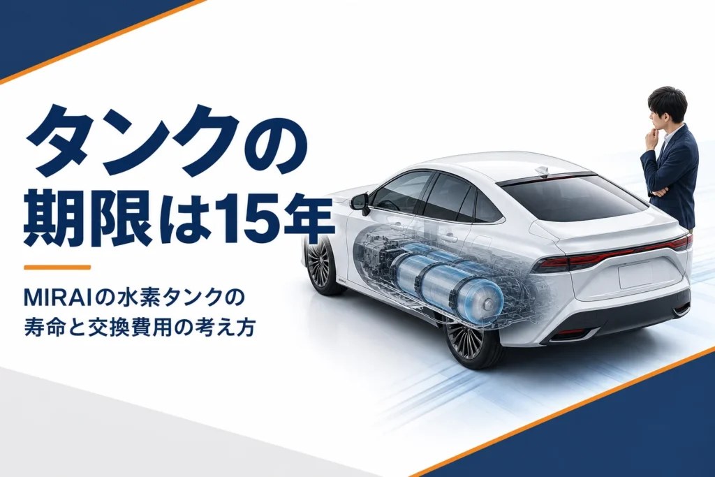 MIRAIの車体に3本の水素タンクが収まる様子を描いたアイキャッチ