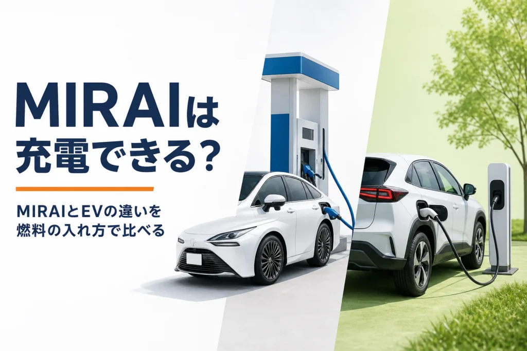水素を入れるMIRAIと充電するEVを左右に並べたアイキャッチ
