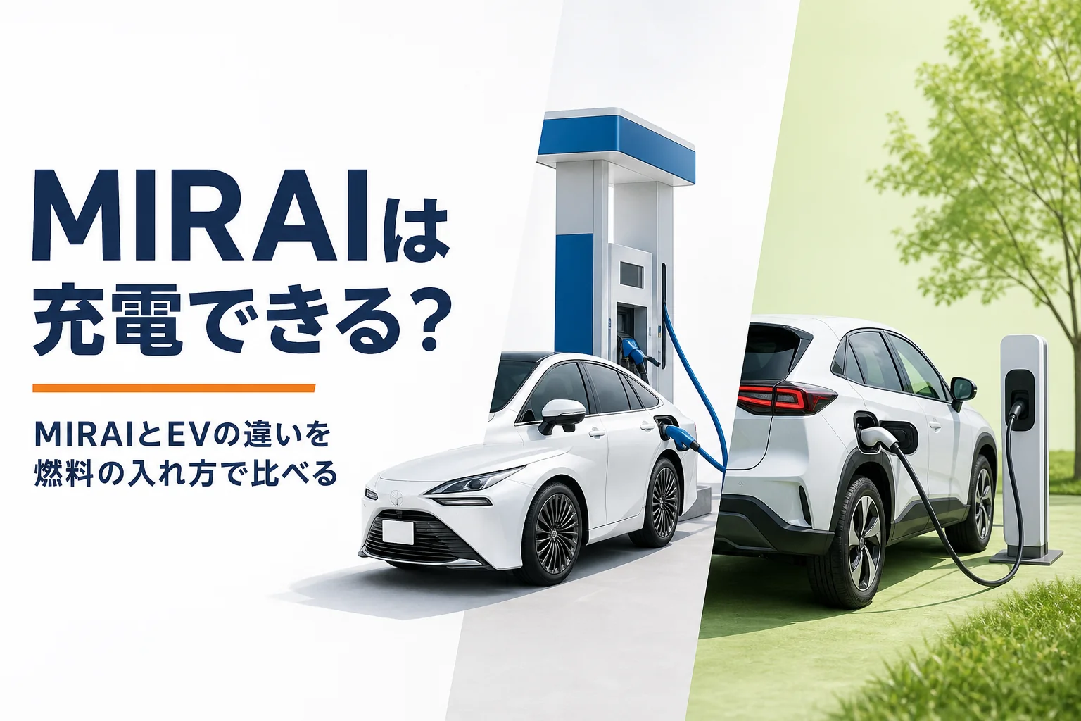 水素を入れるMIRAIと充電するEVを左右に並べたアイキャッチ