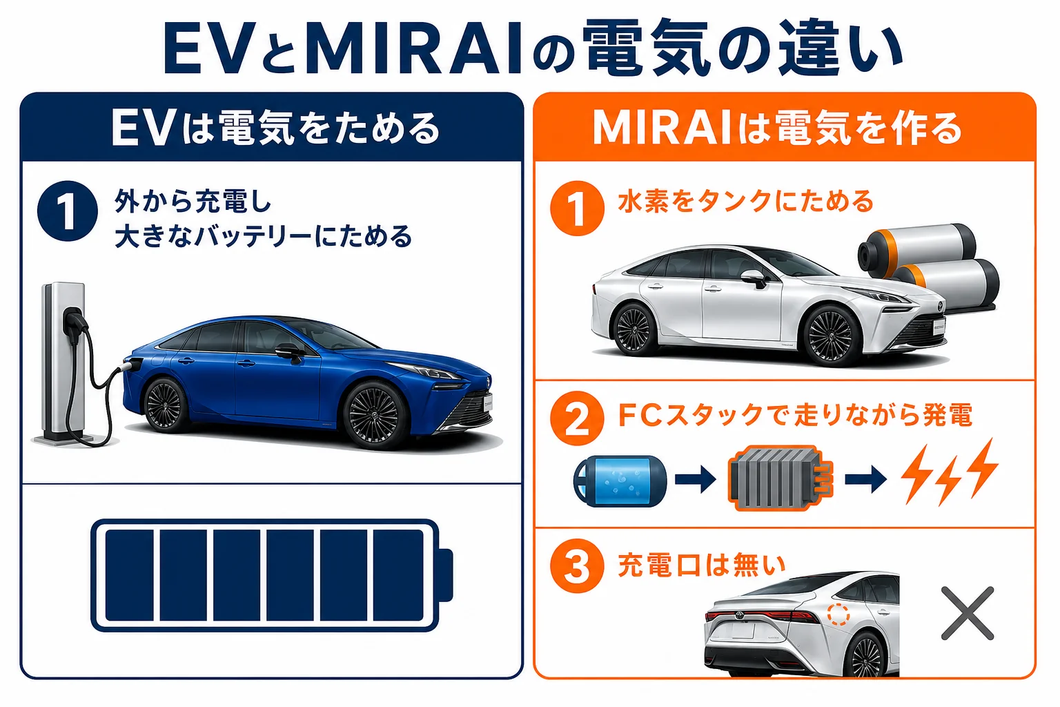 EVとMIRAIの電気の作り方とためる場所の違いを示した図解