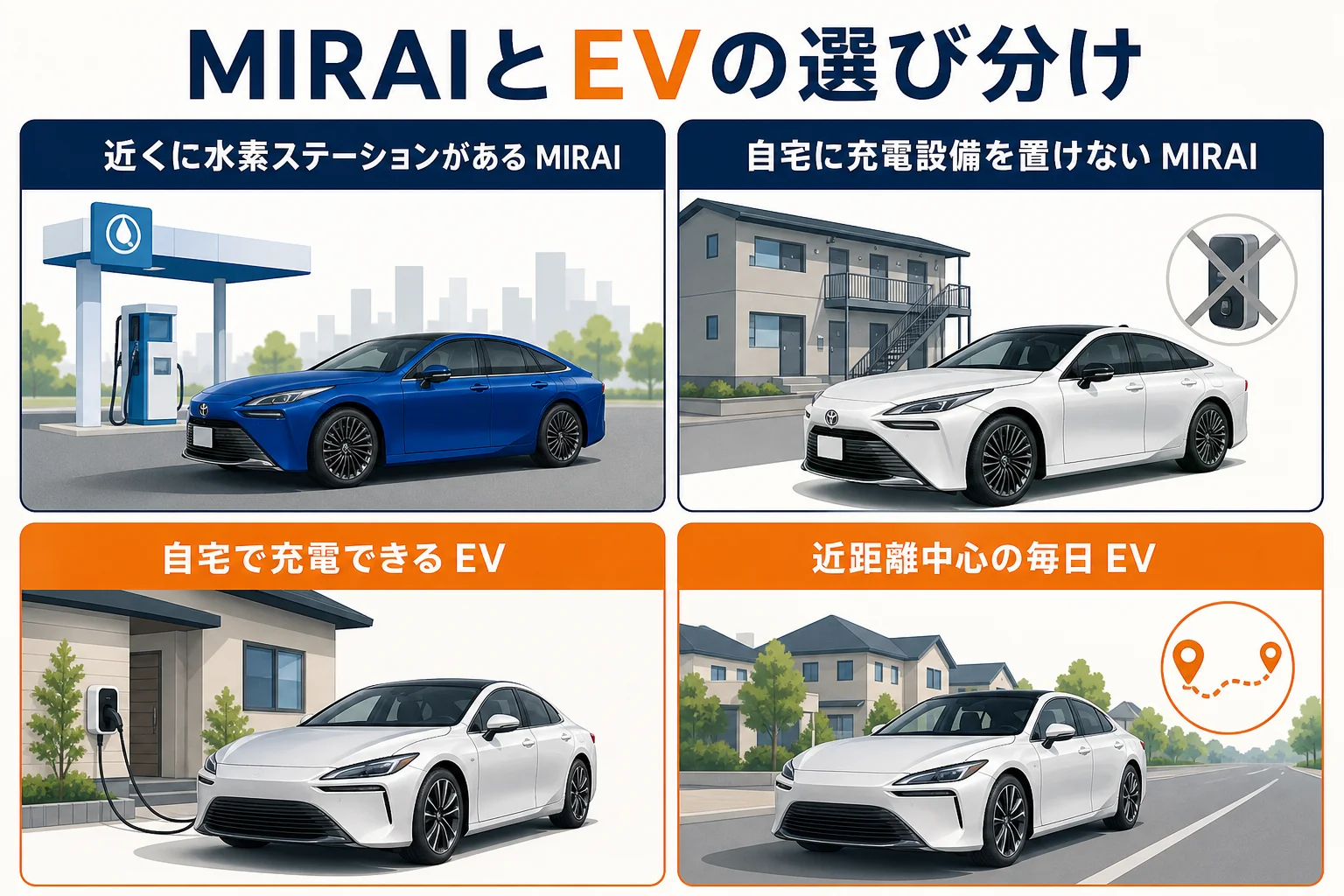 暮らし方別にMIRAIとEVのどちらが合うかを示した図解