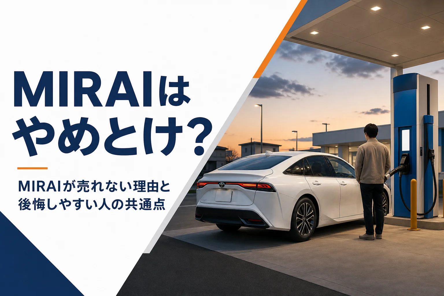 夕方の水素ステーションに停まる燃料電池セダン